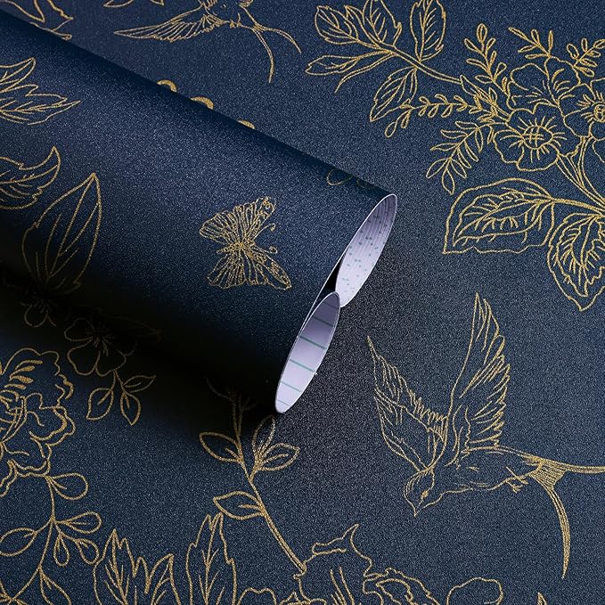 Froluya Dark Blue and Gold Vintage Floral Peel and Stick Wallpaper 17.7"x393.7" by Froluya