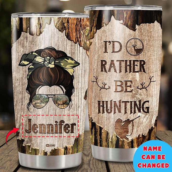WAZONE Personalized I'd Rather Be Hunting Tumbler Customized Name 20oz 30oz Stainless Steel Travel Mug Insulated Cup with Lid Gift Unique Birthday Christmas for Women Her Deer Hunter Woman