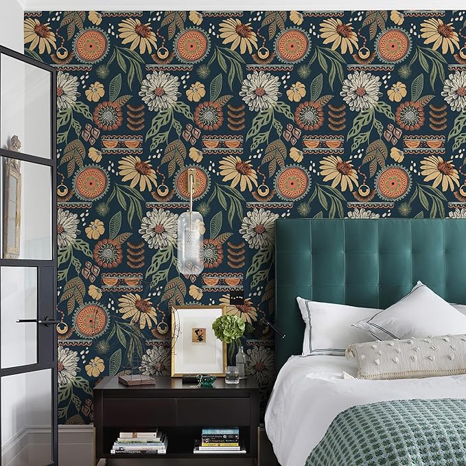 Simon&Siff Boho Peel and Stick Wallpaper, 17.3" x 80" Blue Sun Floral Retro - Image 2