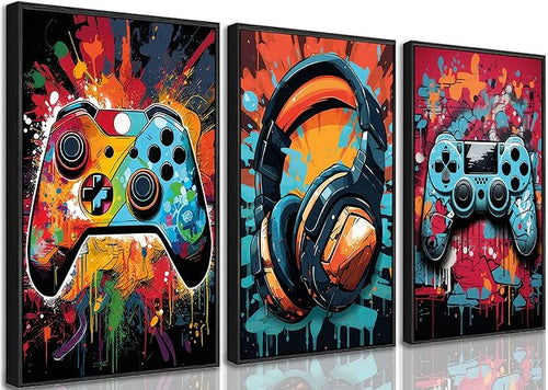3Pcs Framed Cool Gaming Wall Art Retro Video Gamer watercolor Posters Pictures by PPV