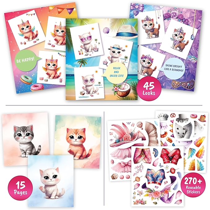 Sticker Dress Up Kitten - Kids Activity Book Learn Fashion Design for Kitten with Guides and 270+ Reusable Stickers. Christmas Gift for Girls Ages 5,6,7,8