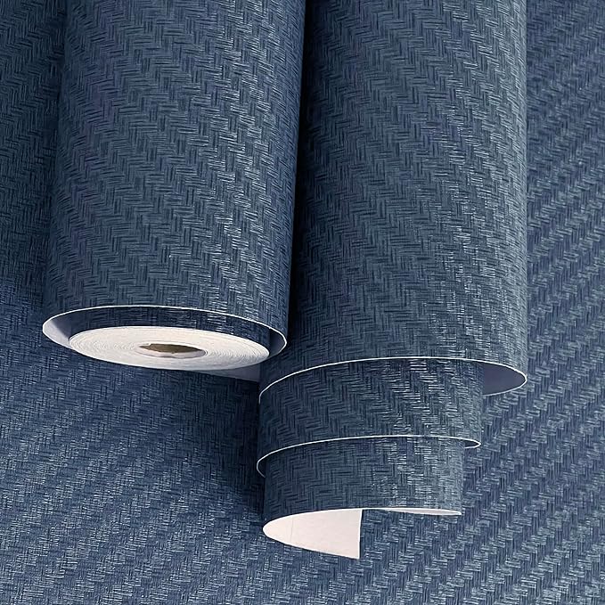 Haimin Fabric Wallpaper Textured Contact Paper Navy Blue Grasscloth Wallpaper by HaiminHomeDecorWallpaper