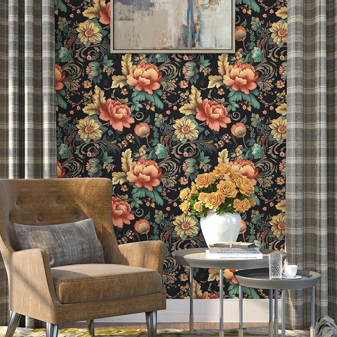 BOKEBEVE Red Colorful Floral Peel and Stick Wallpaper Vintage Contact Paper - Image 2