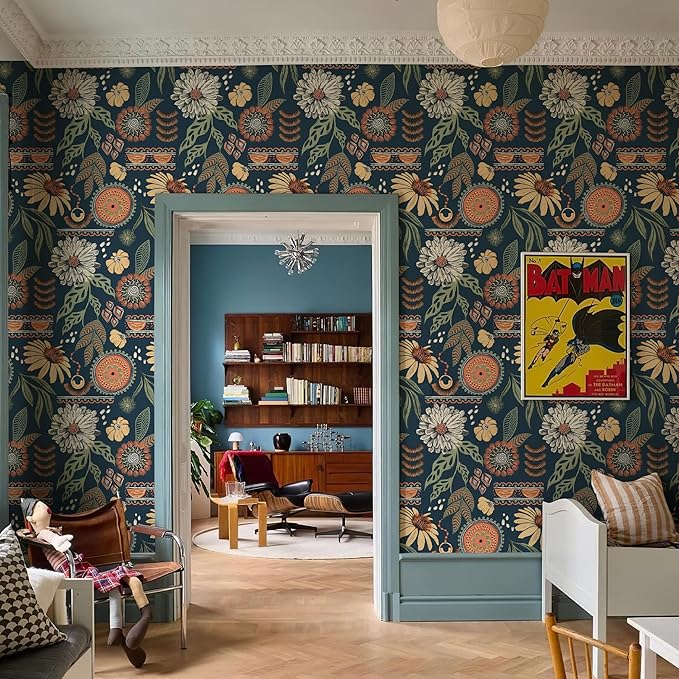 Simon&Siff Boho Peel and Stick Wallpaper, 17.3" x 480" Blue Sun Floral Retro - Image 3