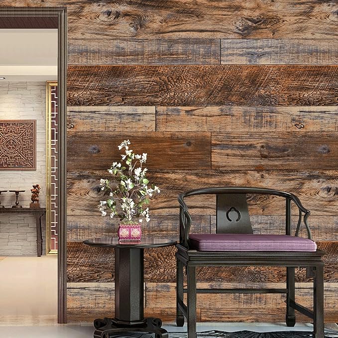 WENMER 17.71 inch x 236 inch Brown Wood Peel and Stick Wallpaper Shiplap Self - Image 2