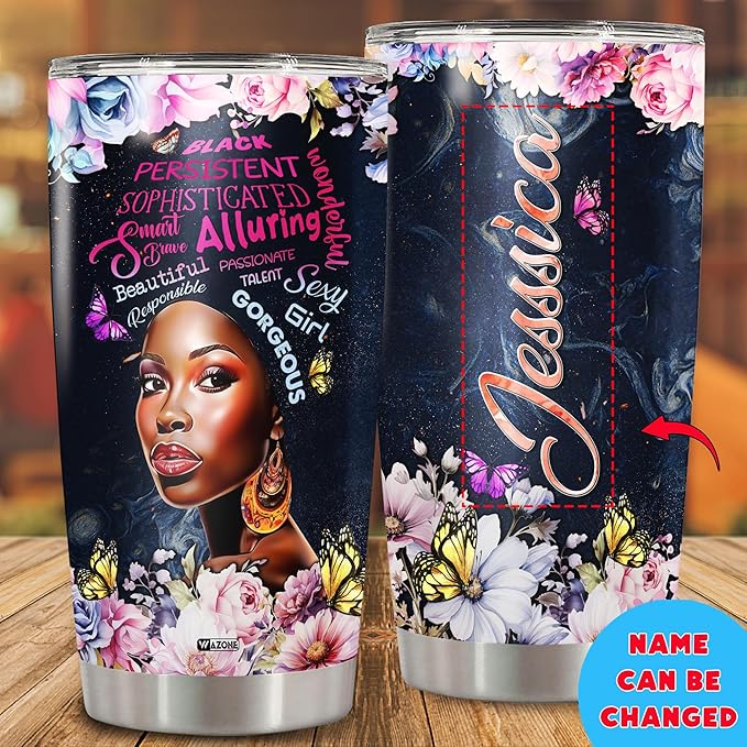WAZONE Personalized Black Girl Tumbler Melanin Insulated Cup Customized Name Stainless Steel 20oz 30oz Travel Coffee Mug With Lid Birthday Christmas African Gifts For Women Afro Girls Queen