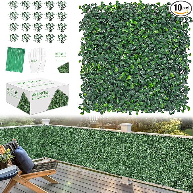 10x10Inch 10Pcs Grass Wall Panels, 4 Layers UV-Anti Boxwood Greenery Hedge by BCBLF