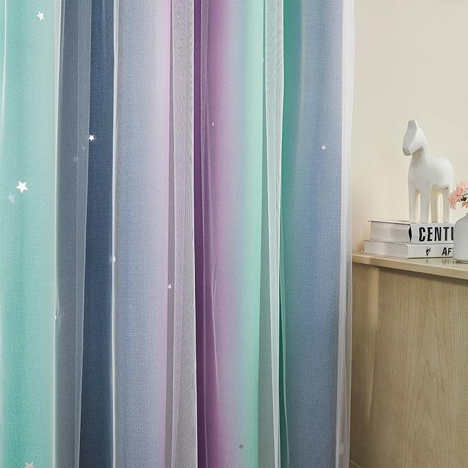 XiDi Curtains for Bedroom Decor, Rainbow Purplgreen grey34/54 - Image 2