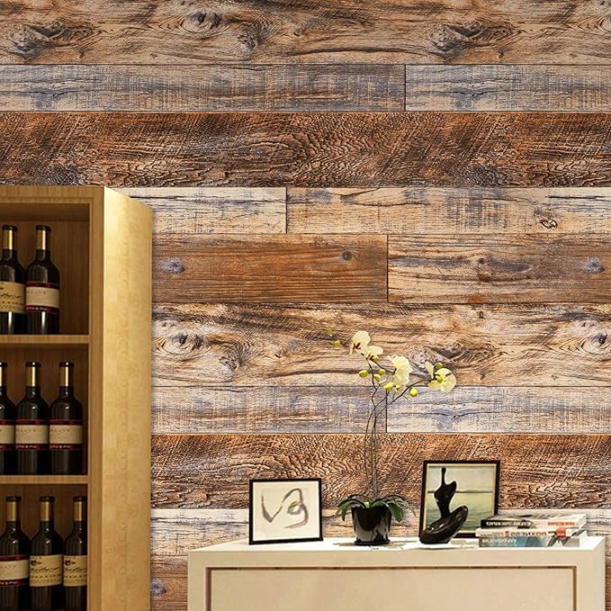 WENMER 17.71" x 394" Brown Wood Peel and Stick Wallpaper Shiplap Self Adhesive - Image 4
