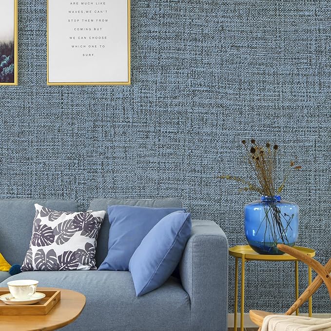 Blue Gray Grasscloth Peel and Stick Wallpaper 17.3"x1200" Faux Linen Textured - Image 5