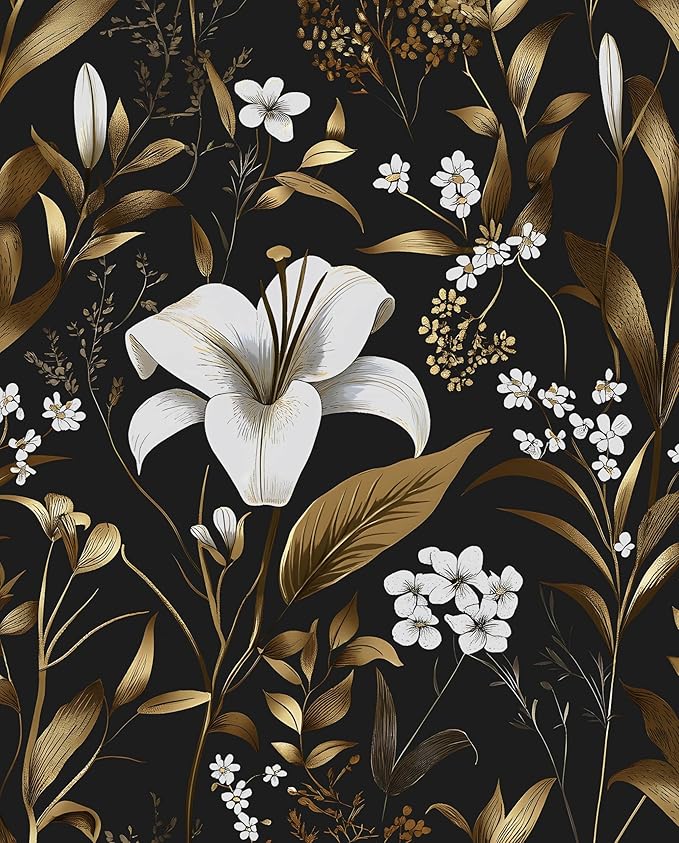 Laatse Black White Floral Wallpaper Peel and Stick, Dark Gold Vintage Contact by Laatse