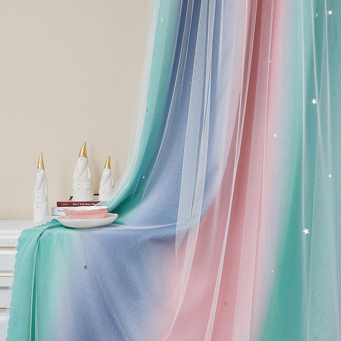 XiDi Curtains for Bedroom Decor, Rainbow Pinkgreen grey52/96 - Image 5