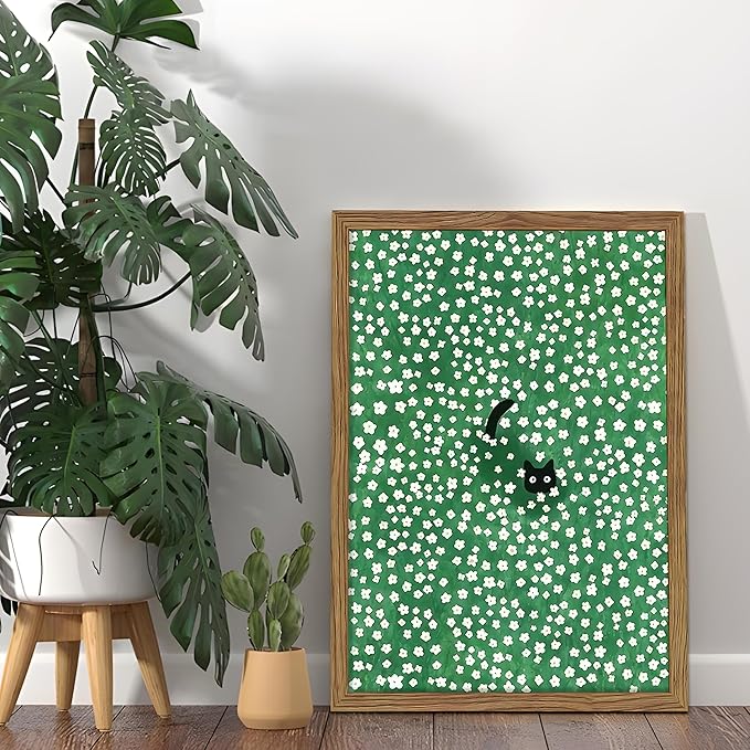 Framed Floral Black Cat Canvas Wall Art, Cute Black Cat in Daisy Field Painting - Image 8