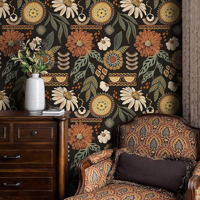 JiffDiff Boho Wallpaper Peel and Stick 17.3" x 400" Vintage Sun Floral Retro by wallpaper