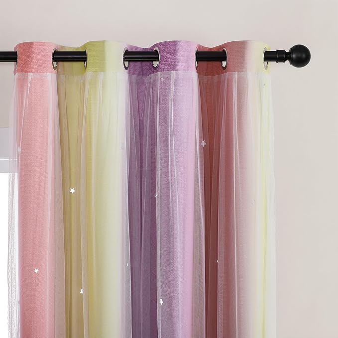 XiDi Curtains for Bedroom Decor, Rainbow Pink PurpleYellow52/96/1 - Image 2