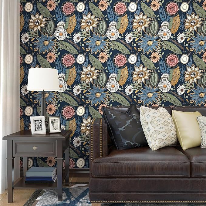 Blue Boho Wallpaper Peel and Stick, Vintage Floral Contact Paper 17.5" x 393.7" - Image 4