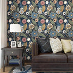 Blue Boho Wallpaper Peel and Stick, Vintage Floral Contact Paper 17.5" x 393.7" - Image 4