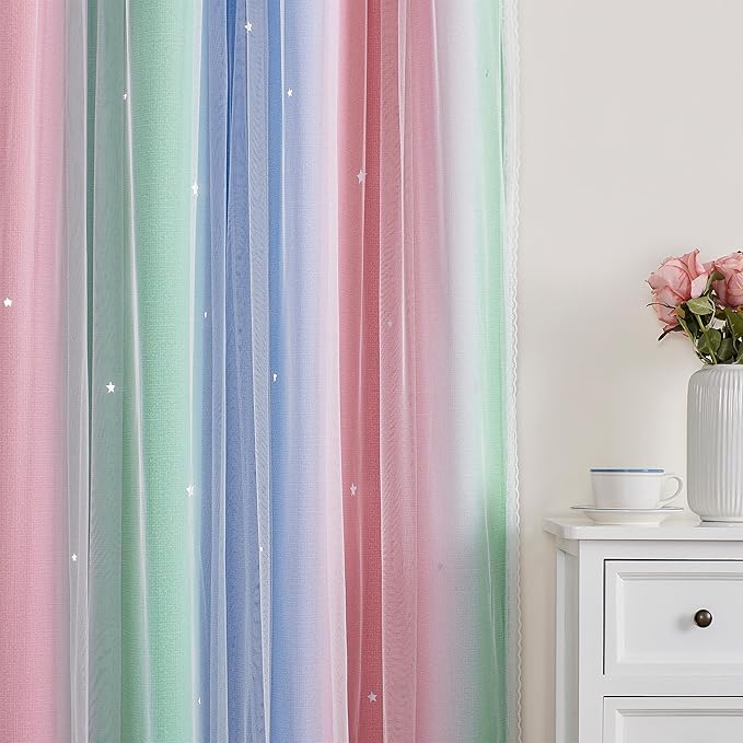 XiDi Curtains for Bedroom Decor, Rainbow Pink GreenBlue34/96/1 - Image 2