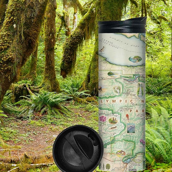 Xplorer Maps Olympic National Park Map 16 Oz Travel Drinkware with Spill-Resistant Lid - Stainless Steel Vacuum Insulated Coffee Tumbler