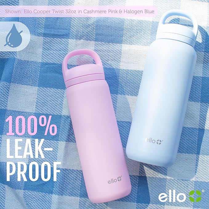 Ello Cooper Twist 18oz Kids Stainless Steel Water Bottle with Chug Lid | Leak Proof Double Walled and Vacuum Insulated | Fits Car Cupholder | Built in Carry Loop | Dishwasher Safe | Antigua