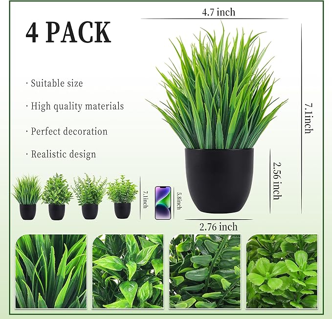 Der Rose Fake Plants 4 Packs Artificial Plants Small Faux Plants Black Bathroom - Image 3