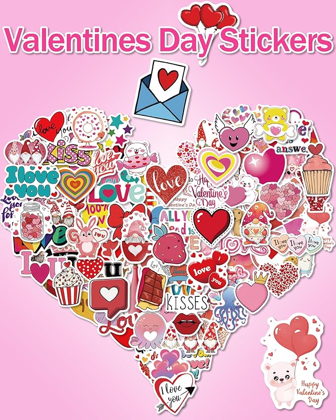 Valentines Day Stickers, Heart Stickers for Water Bottles Cards Gift Boxes Party Favors, Valentines Gifts for Kids Classroom, Waterproof Vinyl Love Sticker for Kids Teens Girls