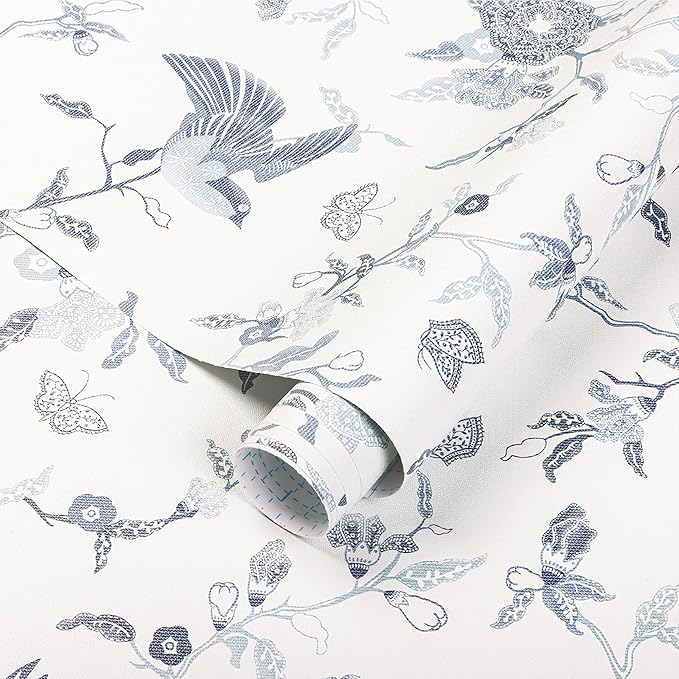 Timeet Peel and Stick Wallpaper Vintage Floral Contact Paper Blue and White - Image 6