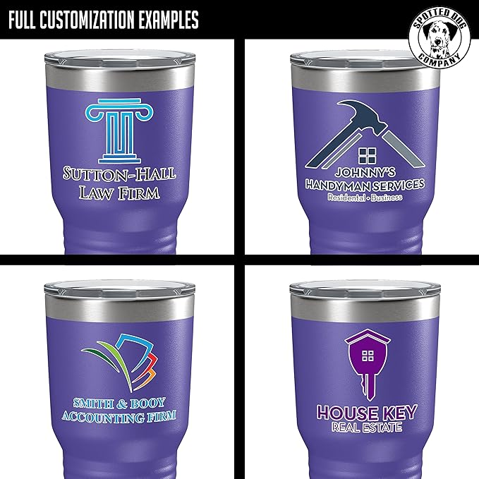 Personalized 30oz (17 Colors) Printed Insulated Stainless Steel Powder Coated Tumbler with Lid - Custom Bulk Promotional Items with your Logo - Bulk Company Small Business Party Favors (Purple)