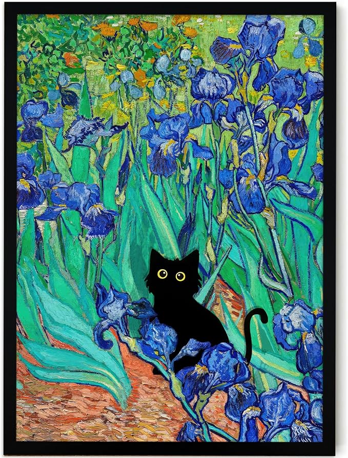 Fantasy Artists Van Gogh Irises Cat Wall Art, Framed Vintage Garden Canvas Wall by Unknown