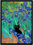 Fantasy Artists Van Gogh Irises Cat Wall Art, Framed Vintage Garden Canvas Wall by Unknown