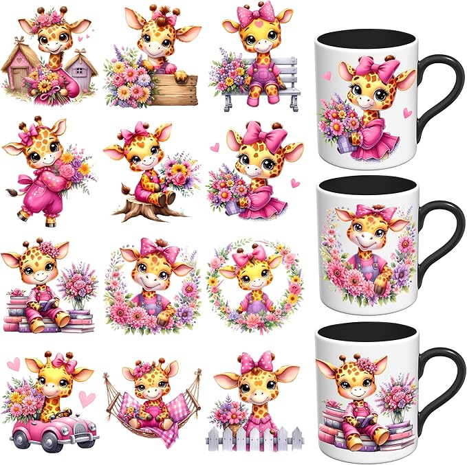 UV DTF Stickers - 12 Sheets Pink Cute Deer UV DTF Cup Wrap for Coffee Mugs Glass, DIY Decals for Tumblers, Waterproof Rub on Transfers for Crafts