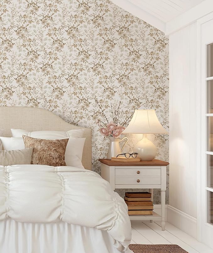Erfoni 16.9" x197" Beige Floral Peel and Stick Wallpaper Boho Floral Leaf - Image 2