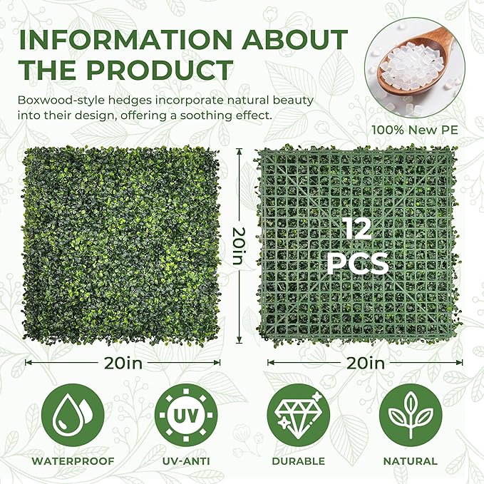Artificial Grass Wall Panel Screen: 20"x20" 12P UV-Anti Faux Boxwood Panels - Image 2