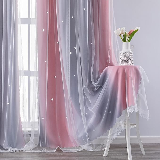 XiDi Curtains for Bedroom Decor, Rainbow Pink-Grey-34-54 - Image 4