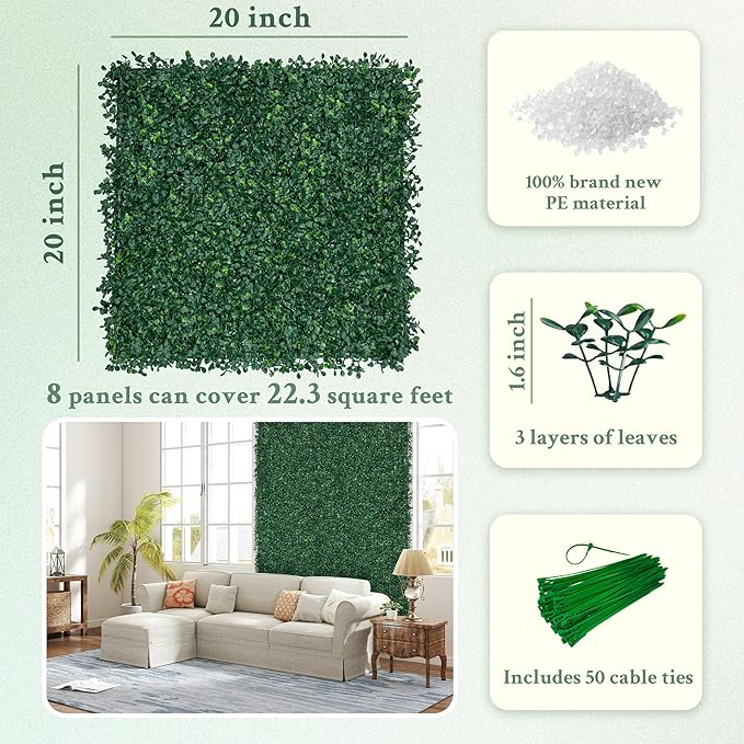 ODTORY Artificial Boxwood Wall Panels 20x20 inch 8Pcs, UV-Anti Faux Greenery - Image 2