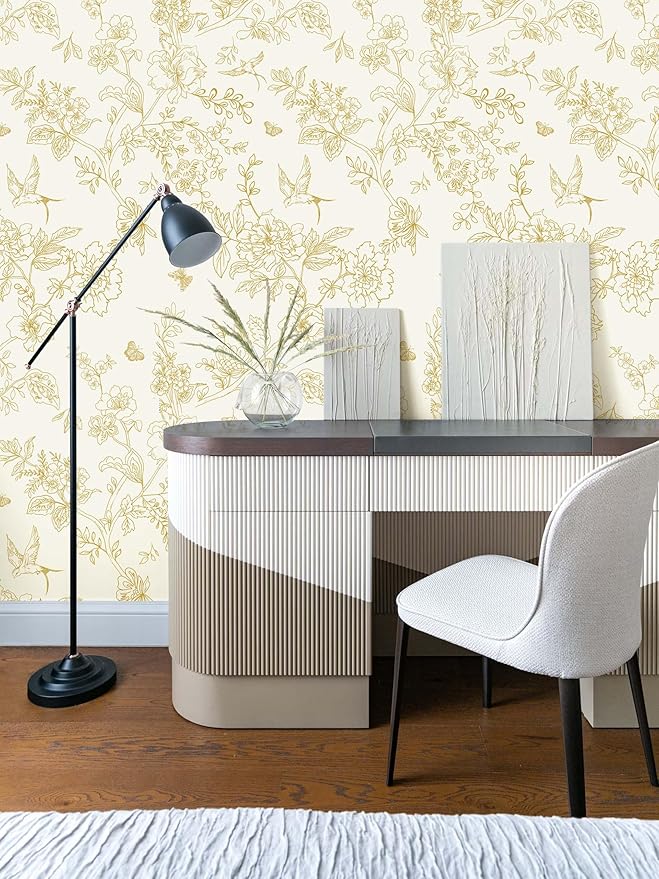 Froluya Cream White and Gold Floral Wallpaper Peel and Stick Wallpaper - Image 3