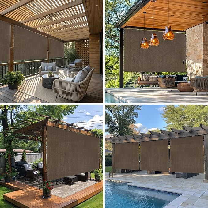 8'W x 6'H Mocha Patio Shades Roll up Outdoor Roller Shade Crank Wand Blind - Image 5