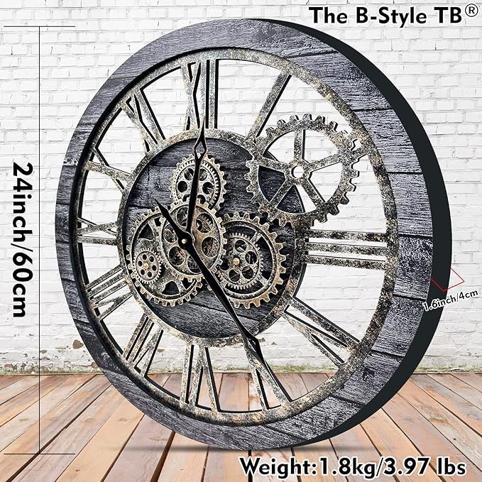 The B-Style Large Wall Clock 24 inch Moving Gear Wall Clock Oversized Vintage - Image 2