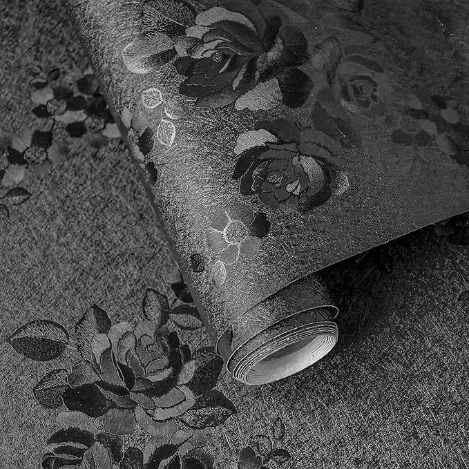 Black Peel and Stick Wallpaper 630inL 17.7inW Silk Embossed Floral Contact Paper by VisitTheLativo