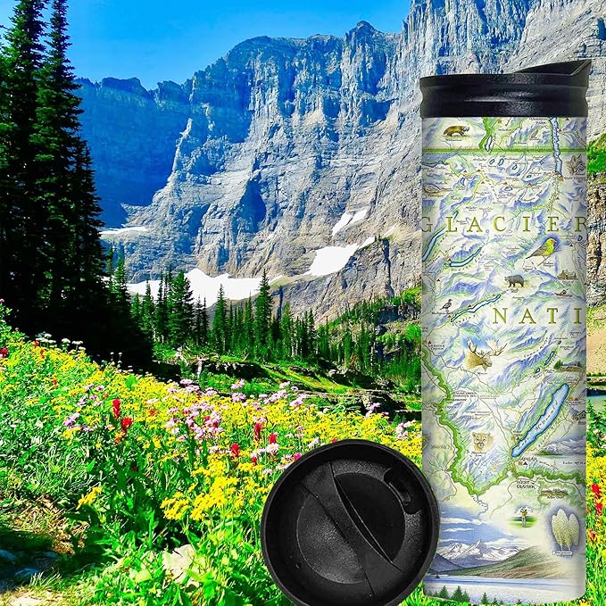 Xplorer Maps Glacier National Park Map 16 Oz Travel Drinkware with Spill-Resistant Lid - Stainless Steel Vacuum Insulated Coffee Tumbler