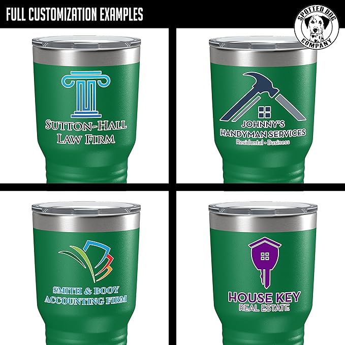 Personalized 30oz (17 Colors) Printed Insulated Stainless Steel Powder Coated Tumbler with Lid - Custom Bulk Promotional Items with your Logo - Bulk Company Small Business Party Favors (Green)