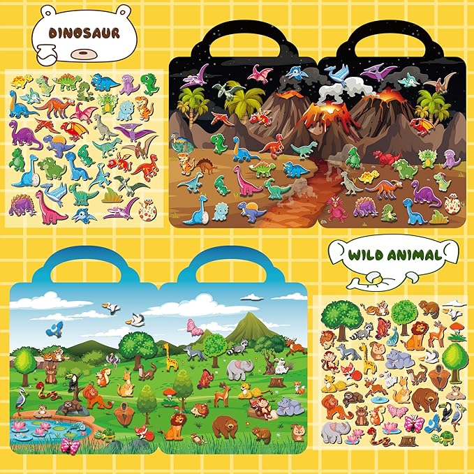 6Set Puffy Sticker Books for Kids 2-4, 3D Reusable Stickers Books for Toddlers 1-3 2-4,Farm+Animal+Dinosaurs+Ocean World+Space+Vehicle