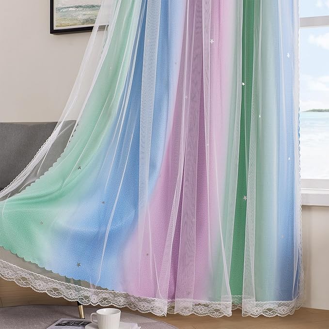XiDi Curtains for Bedroom Decor, Rainbow Green PurpleBlue52/45/1 - Image 3