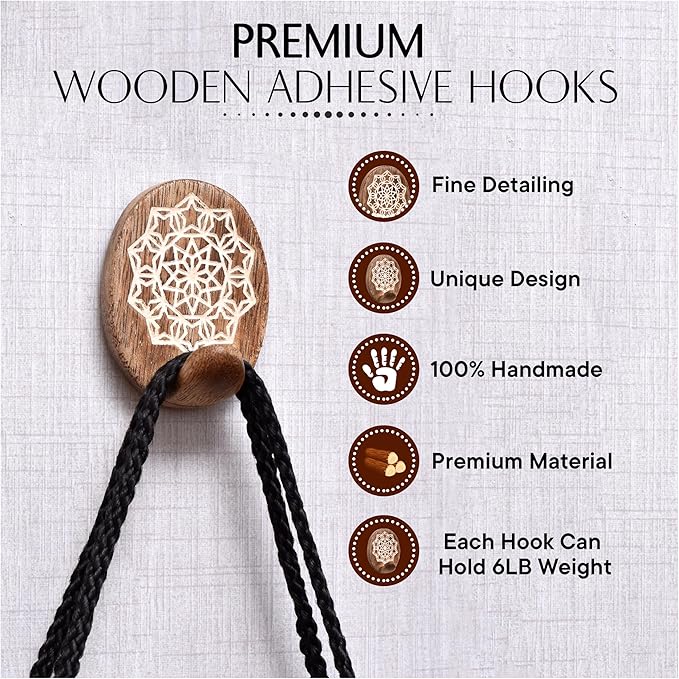 IndianShelf 6 Lb- 24 Pieces Decorative Wood Adhesive Wall Hooks–Boho Peel and - Image 5