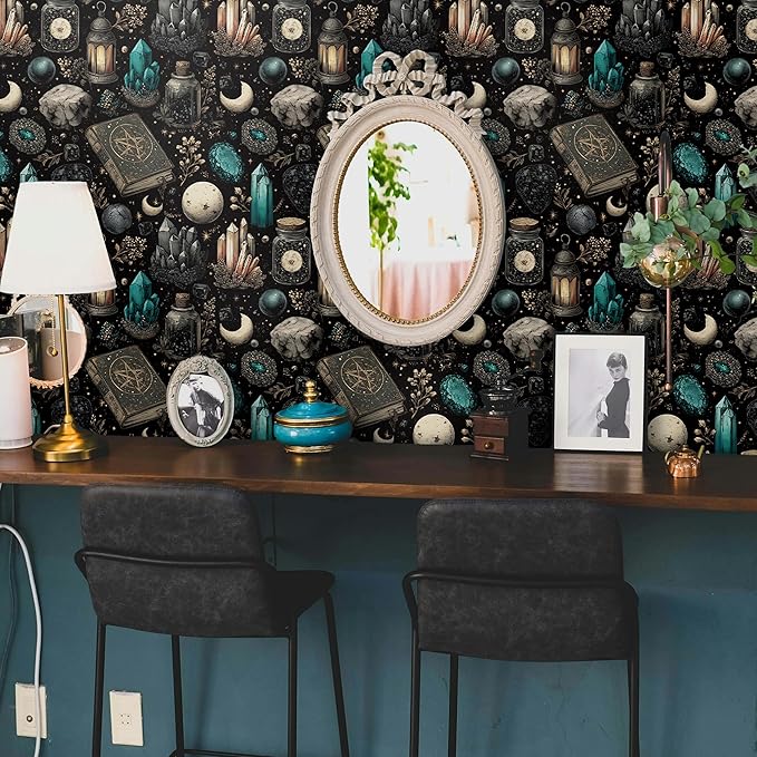 FLFK Black Wallpaper Peel and Stick Dark Witchy Wallpaper 16" x 384" Crystal - Image 4