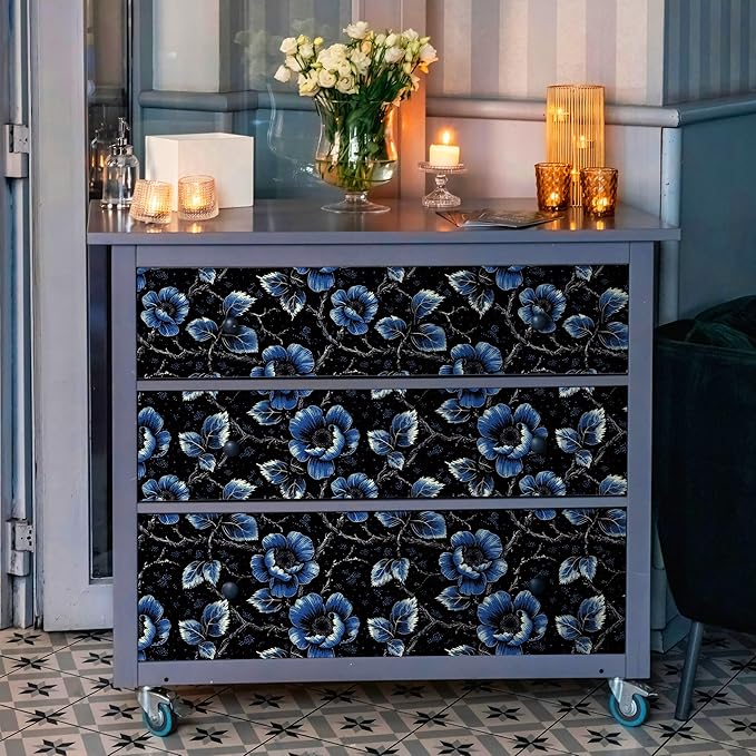 FLFK Black Floral Wallpaper Peel and Stick Dark Blue Flower Wallpaper 16" x - Image 4