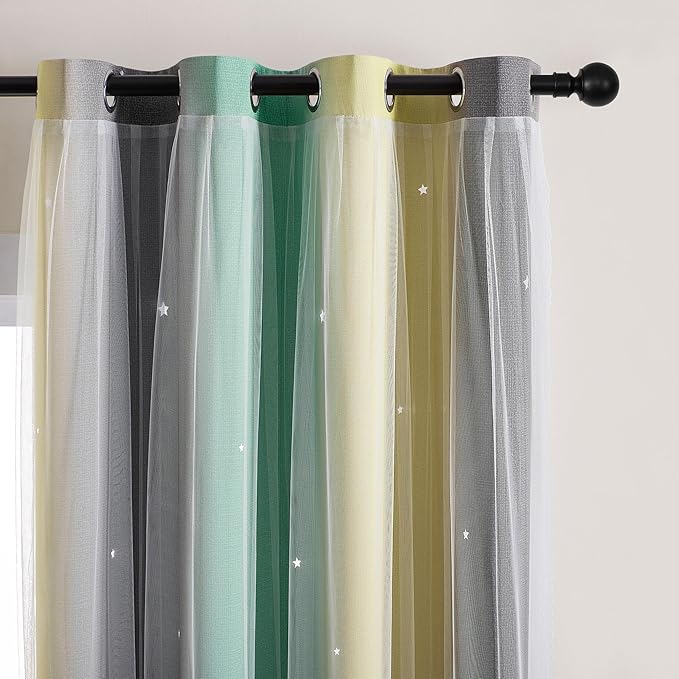 XiDi Curtains for Bedroom Decor, Rainbow GreenYellowGrey52/90/1 - Image 2