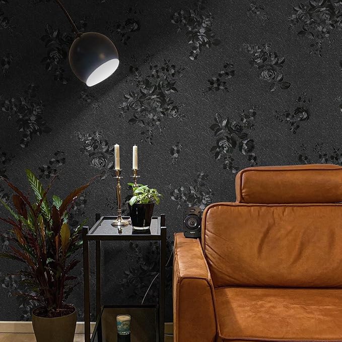 Black Peel and Stick Wallpaper Silk Embossed Floral Contact Paper - Image 4