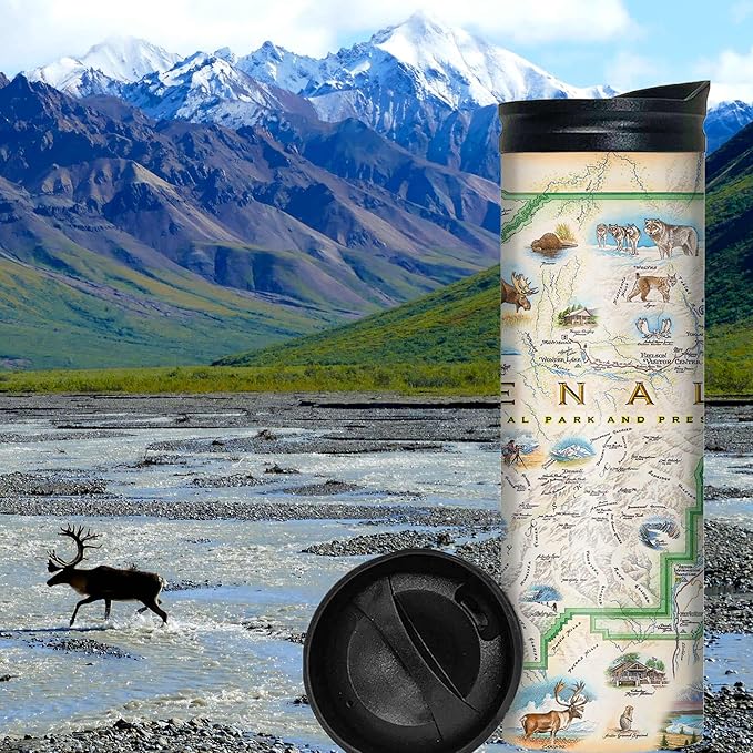 Xplorer Maps Denali National Park Map 16 Oz Travel Drinkware with Spill-Resistant Lid - Stainless Steel Vacuum Insulated Coffee Tumbler