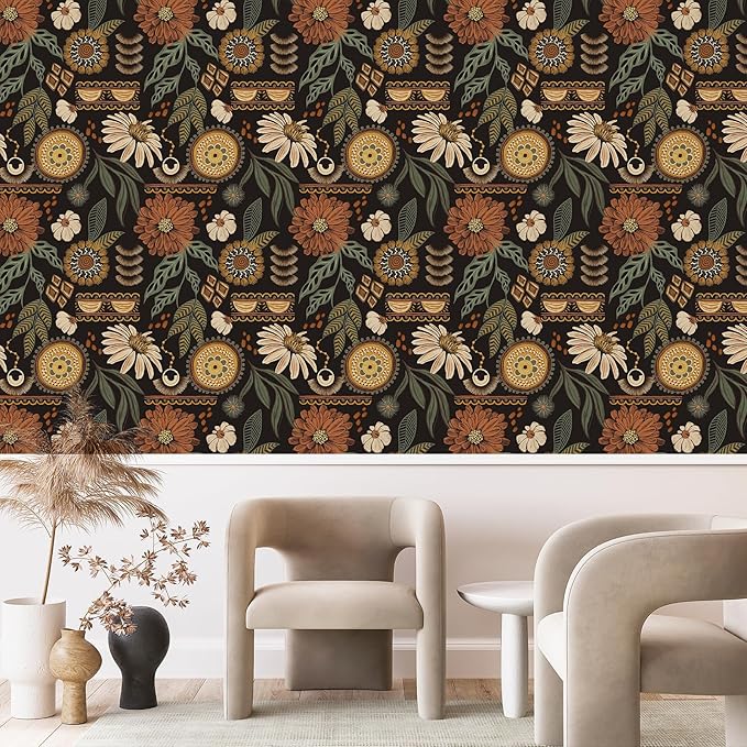 Simon&Siff Boho Peel and Stick Wallpaper, 17.3" x 800" Sun Floral Retro Contact - Image 6